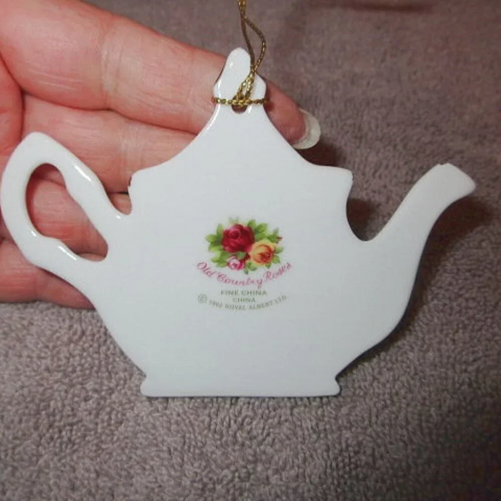 NOS Vtg Royal Albert China Teapot Christmas Ornament Holiday Country Roses Box